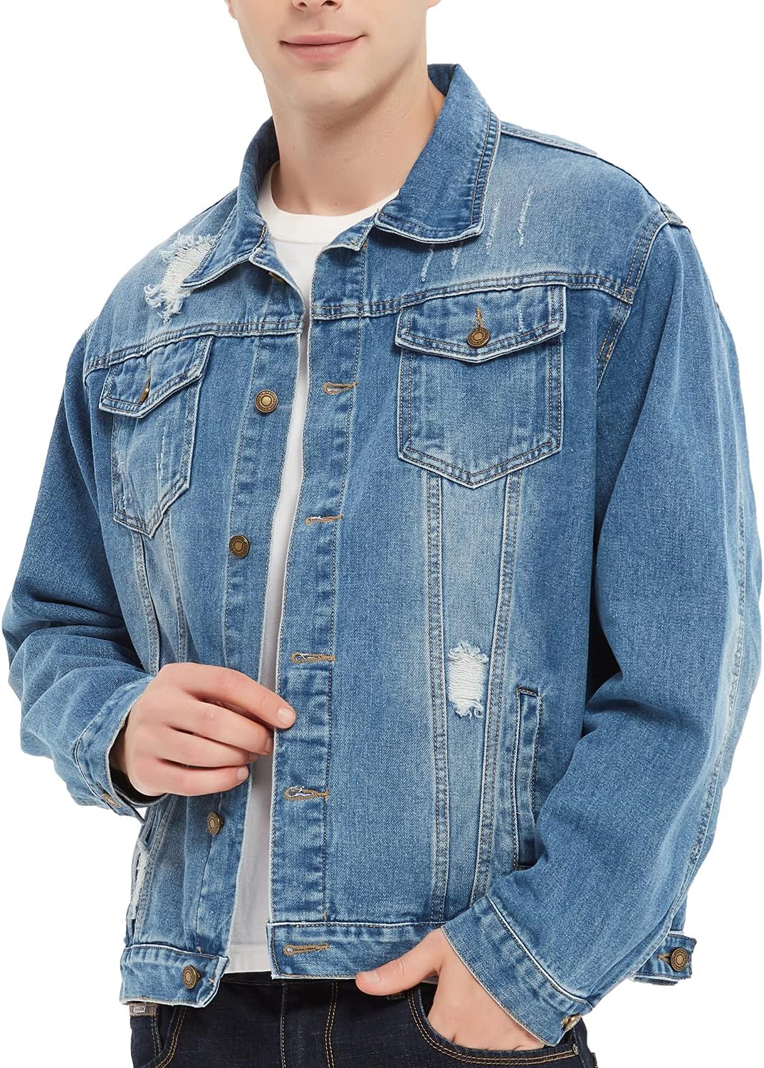 Men’s Denim Trucker Jacket Distressed Ripped Motorcycle Slim Fit Blue Jean Jackets Coat